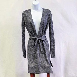 White House Black Market Cardigan long open cardigan sweater w/tie Black/Silver